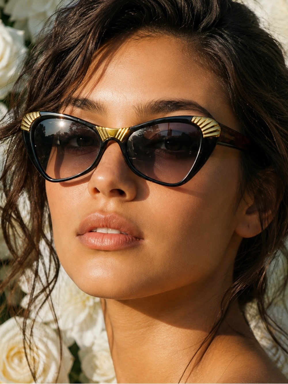 Vintage Yves Saint Laurent Black Cat-Eye Sunglasses with Gold Accents- NOS